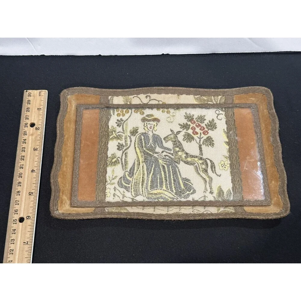 Antique Schreibmayr Wood Lace Embroided Fabric Glass Letter Trinket Jewelry Tray